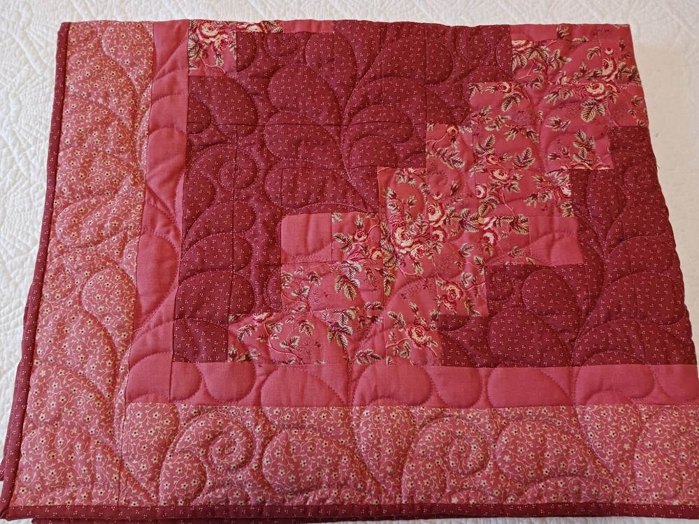 Pretty Handmade Patchwork Quilt Throw Blanket Diagonal Pattern Peach Rust 38x48"