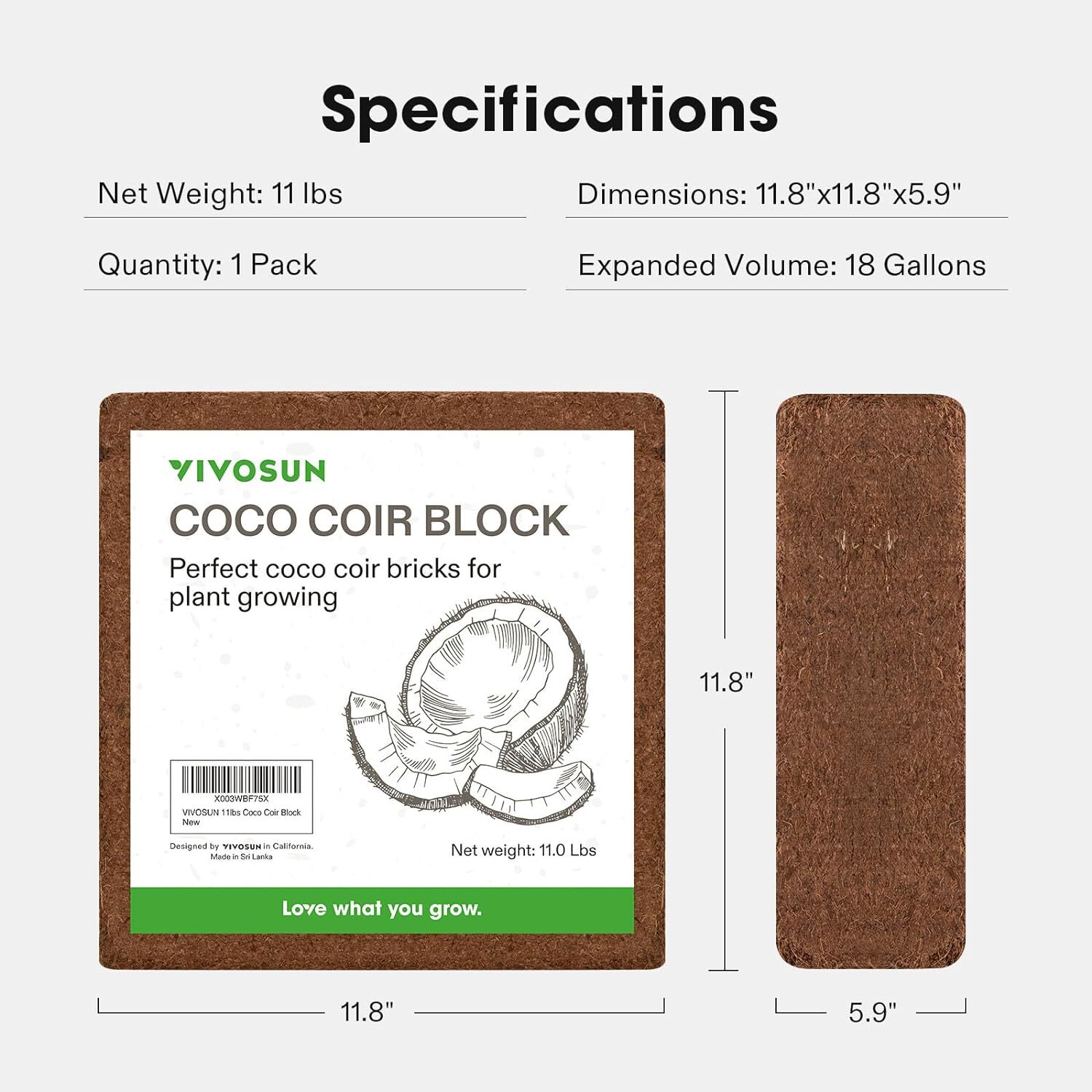 VIVOSUN 11Lbs 5000G Coco Coir Brick,100% Natural Organic Coconut PH Balance