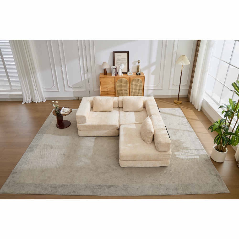 Convertible Floor Sofa Bed w/Fixed Frame, Chenille, Beige, No Assembly