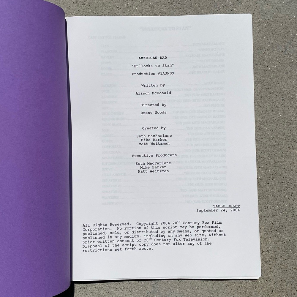 American Dad SEASON ONE 2004 Production Used Table Draft Script Seth MacFarlane