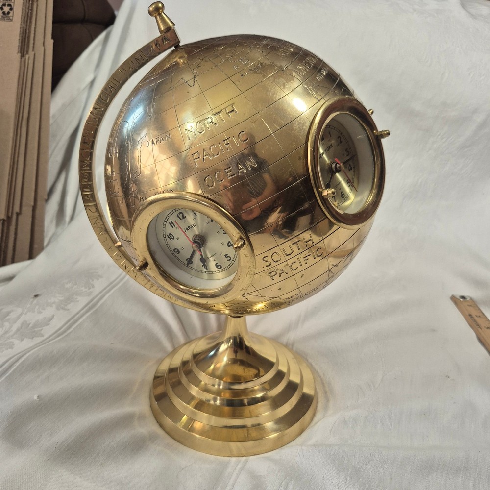 16" BRASS 5 WORLD CLOCKS SPINNING GLOBE