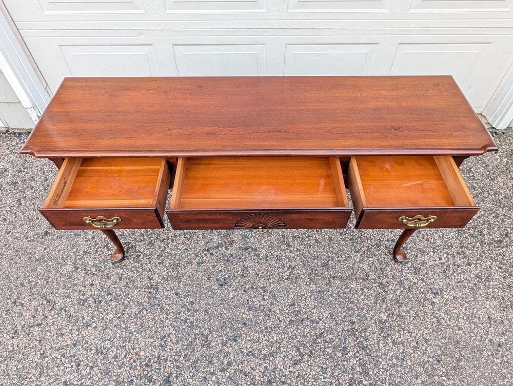 Vtg Thomasville Queen Anne Cherry Console Table, Brass Chippendale Pulls