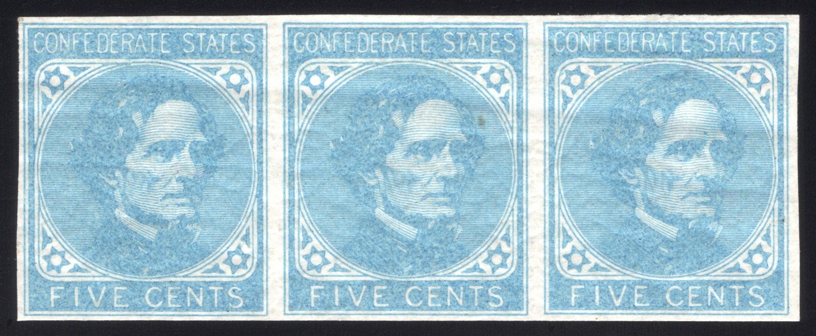 Confederate States, CSA #7 5¢ Blue, Strip of 3, Mint-OG-NH, Good Margins!