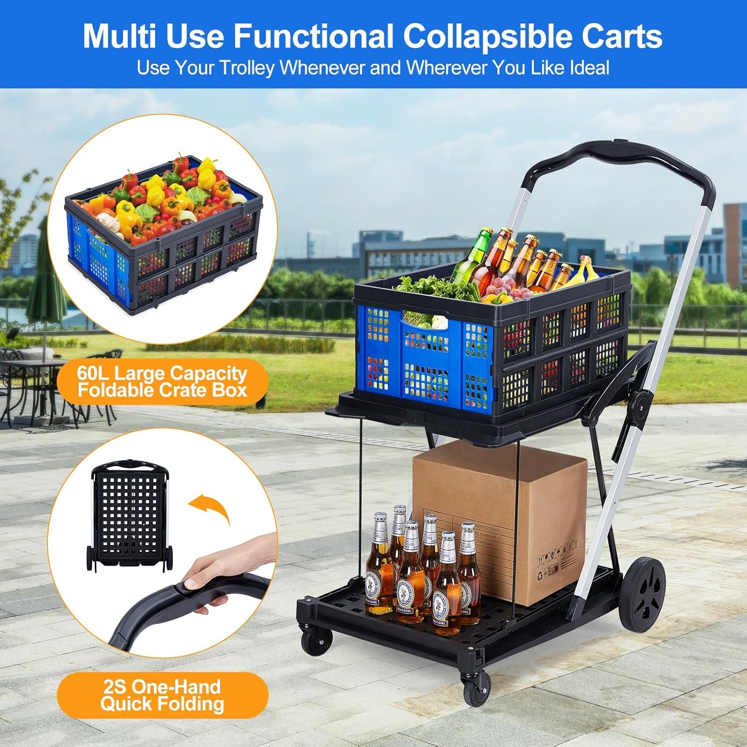 Collapsible Shopping Cart with Wheels & Removable Storage Crate for Supermarket