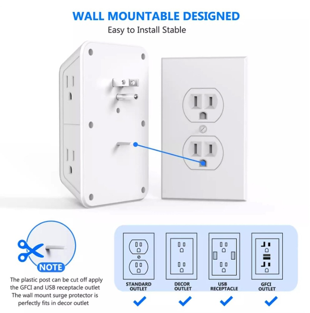 Electrical Wall Socket Outlets Adapters with 6 AC outlets and 4 USB (2 Type C)