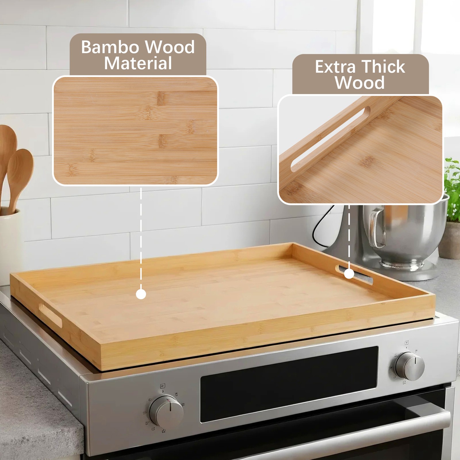 30"x22" Stove Top Cover Wooden Noodle Board with Handles for Gas Electric Stove