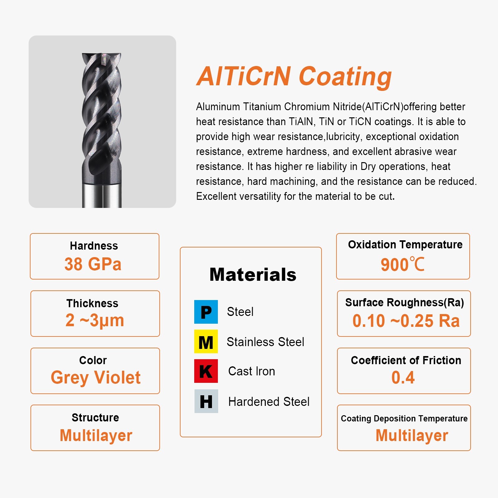 1 PCS 5/8" 4 Flutes Square 45° Helix Carbide End Mill Bits AlTiCrN Coated HRC 50