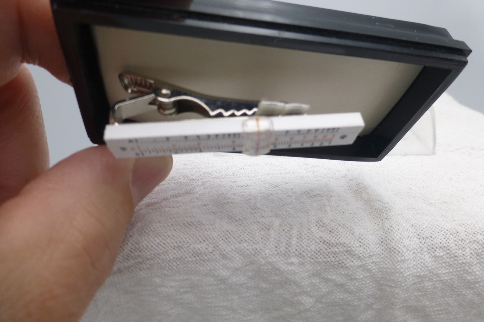 Vintage Miniature Slide Rule Tie Clip in Pyramid Mouldings Case Science