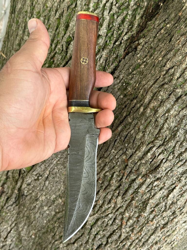 10” DAMASCUS STEEL Tactical Hunting SURVIVAL Fixed Bowie Knife Wood Handle X410