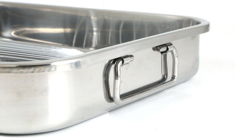 New Rectangular Baking Roasting Pan Rack Serving Dish, Polished Stainless Steel