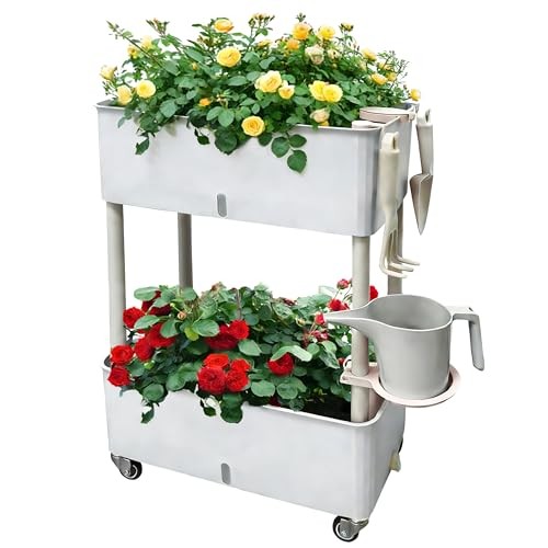 Self-Watering Raised Planter Box with Lockable Wheels,2 Plus Size Two-layer