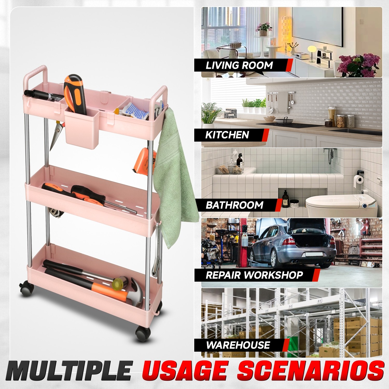 3 Tier Slim Rolling Storage Organizer Cart for Garage Warehouse Kitchen Pink
