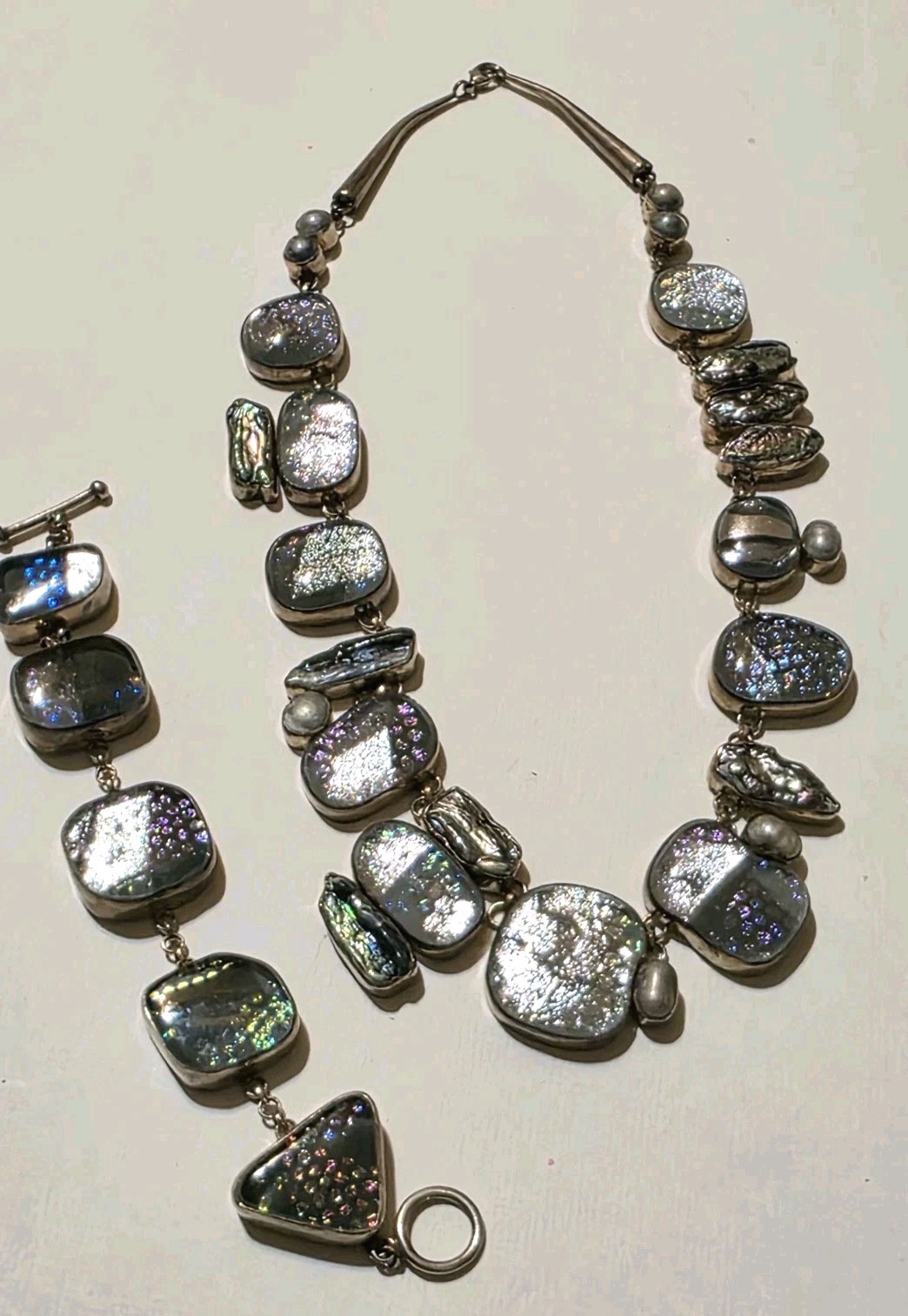Signed Sterling Silver Dichroic Art Glass Necklace Bracelet Set Large Statement
