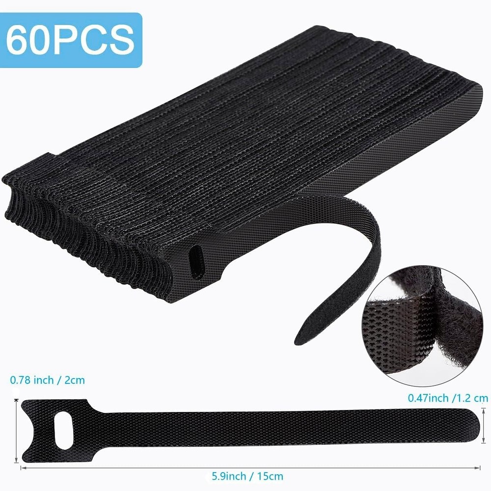 60 Pcs 6in Reusable Cable Ties Hook Loop Cord Organizer Straps