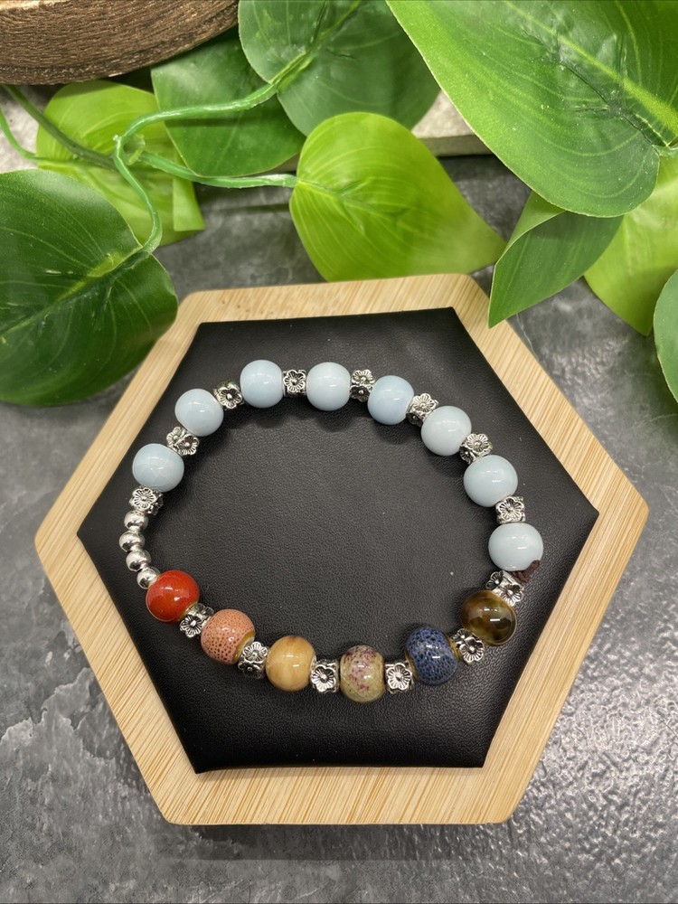 Handmade Ceramic Bead Beaded Stackable 6.5” Plus Stretch Bracelet New B238