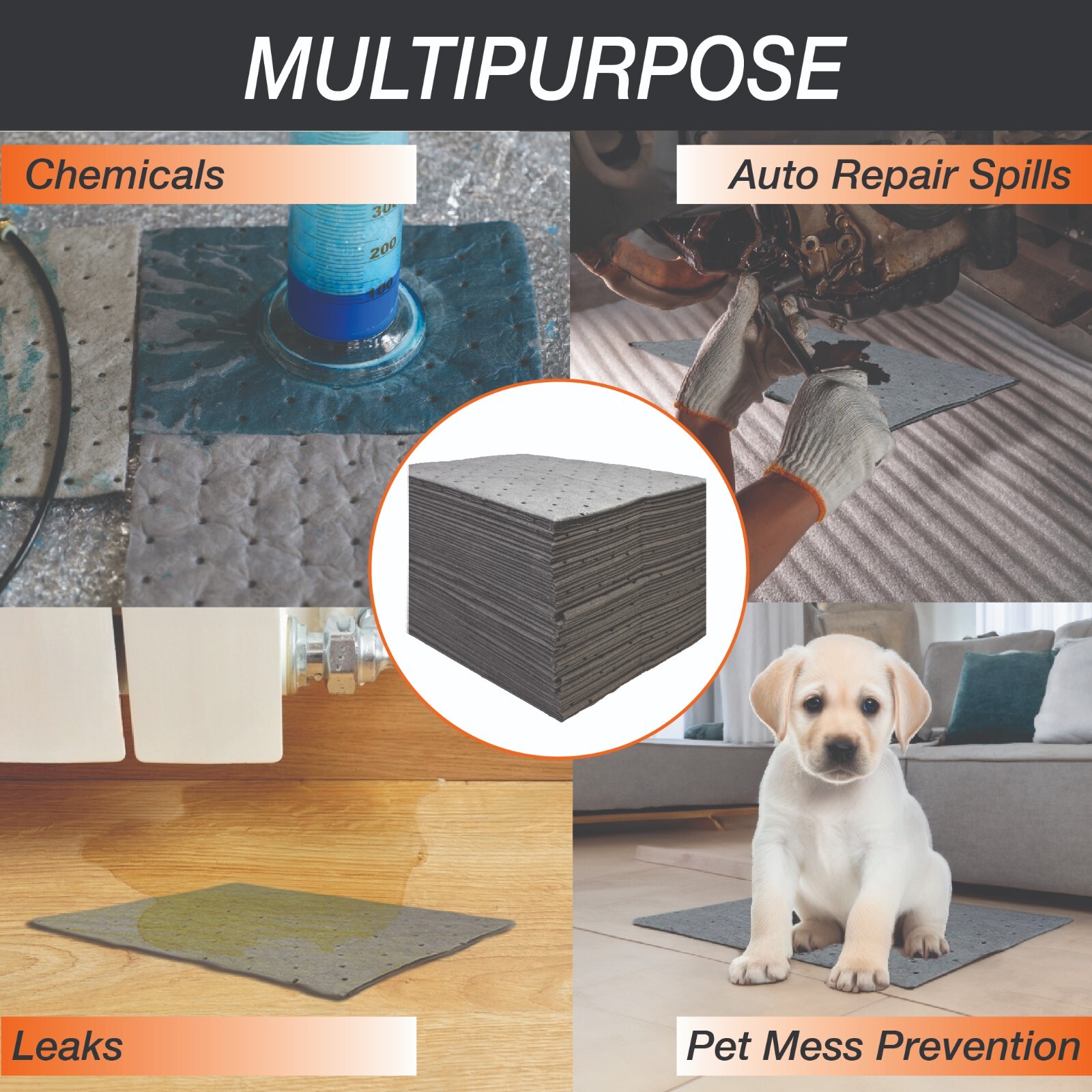 Heavyweight Universal Oil-Absorbing Pads (Grey) 10 inch x 13 inch - Pack of 100