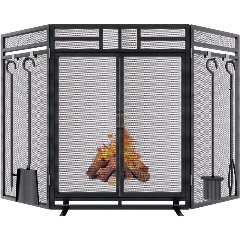 Fireplace Screen with Doors and Tools Set,3 Panel Foldable Metal Fireplace Guard