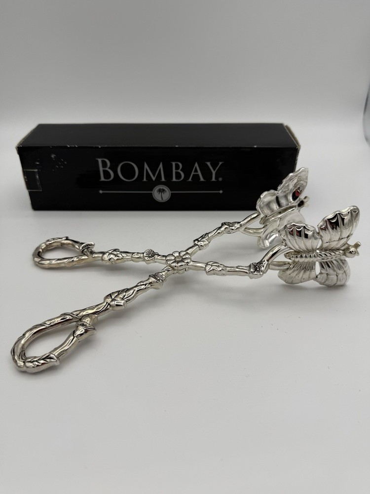 VTG Bombay Silver Plated Butterfly Floral Design Salad Tongs In Original Box