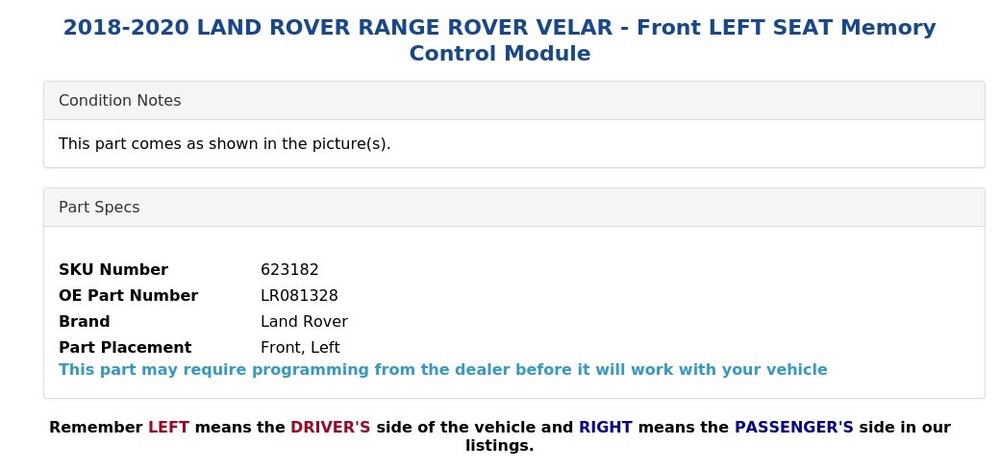 2018-2020 LAND ROVER RANGE ROVER VELAR - Front LEFT SEAT Memory Control Module