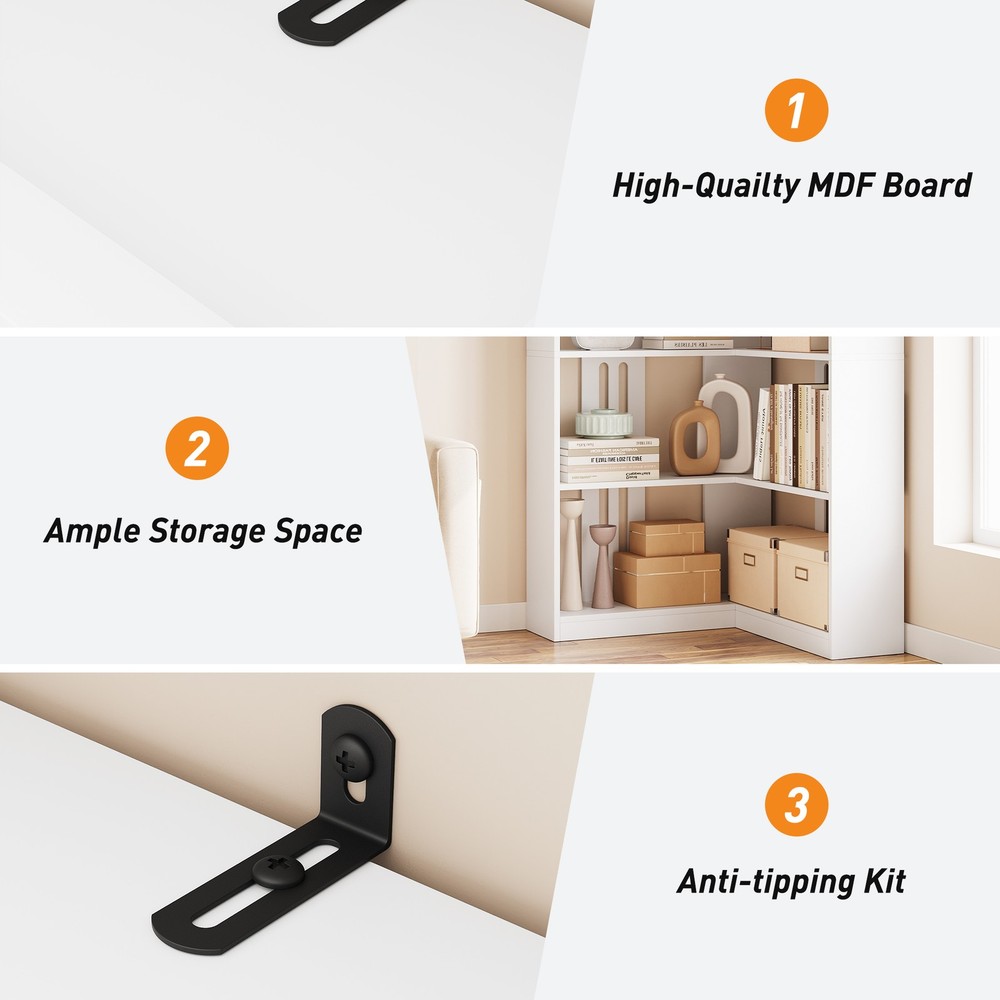Corner Panel Bookcase 90° Corner Standing Bookcase, Half Back Panel, White