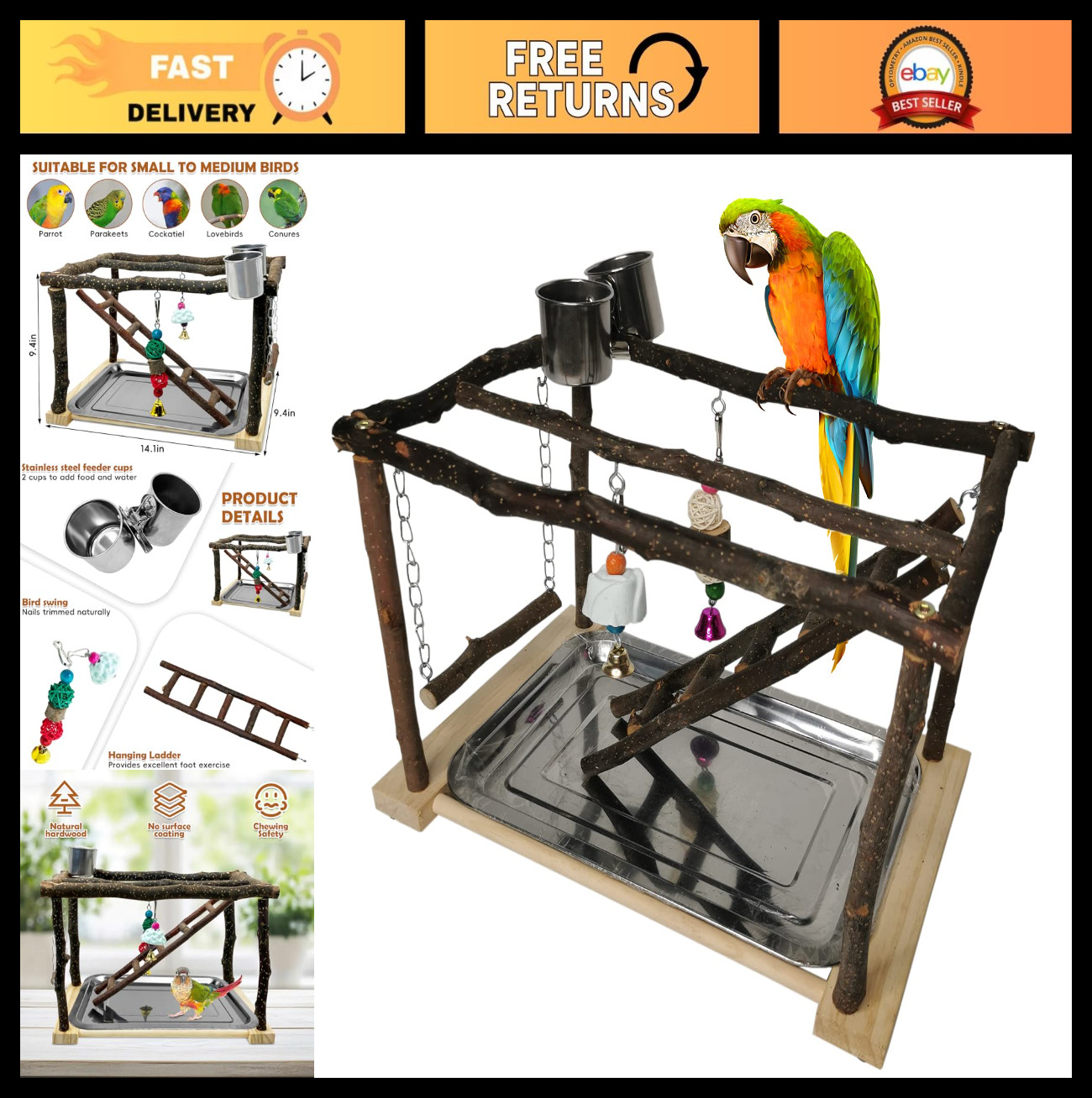 Bird Play Gym Stand for Parrots & Cockatiels - Wooden Perch, Climbing Ladders, C