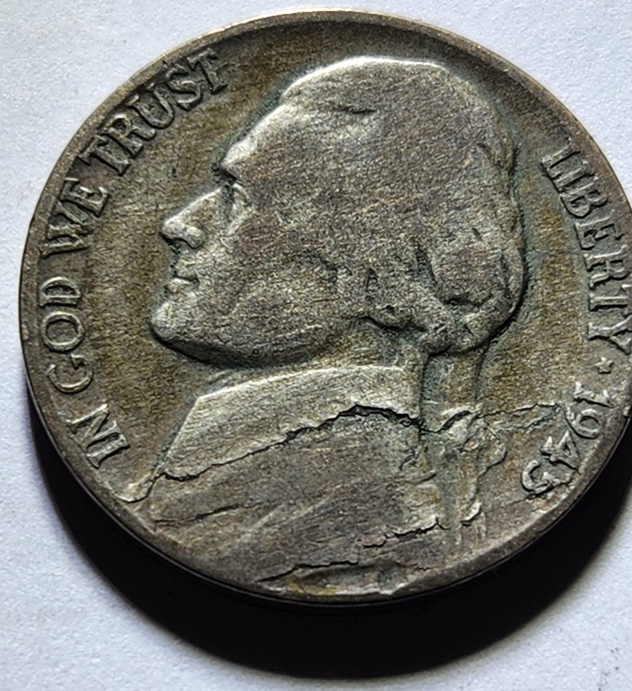 LAMINATION/Strike Thru ERRORS - Obverse AND Reverse 1945P SILVER Jefferson 5C