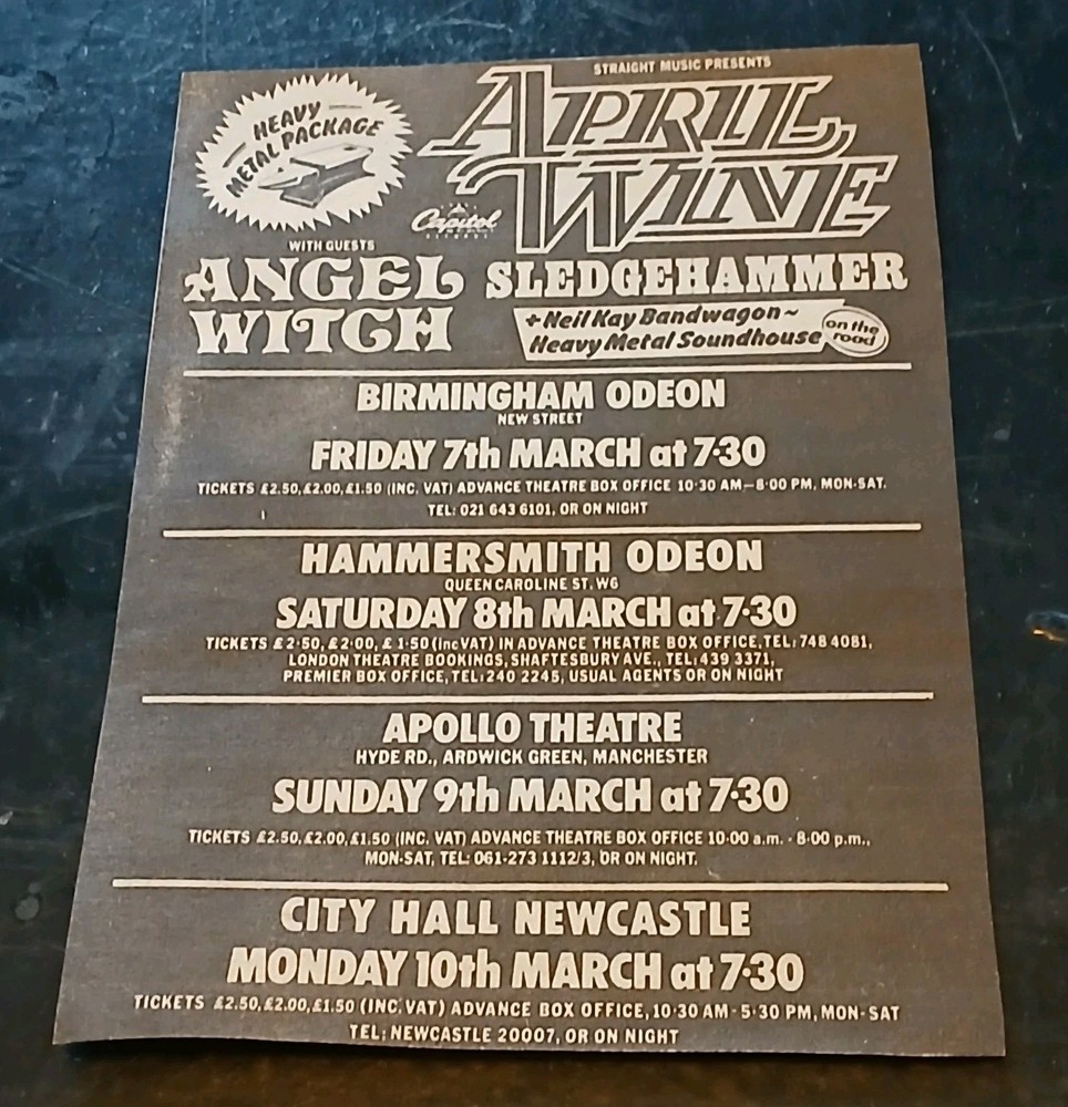 April Wine Angel Witch 1980s British Heavy Metal Concert Promo Flyer UK NWOBHM