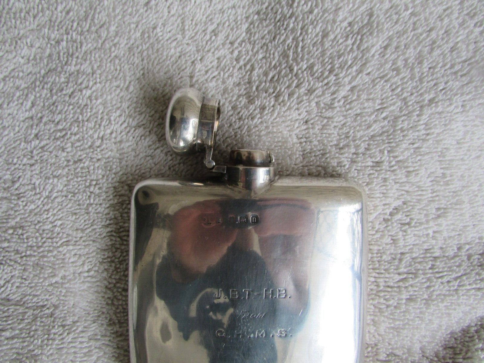 Vintage Sterling Silver 4x3 inch Hip Flask Engraved / has a Hallmark marking