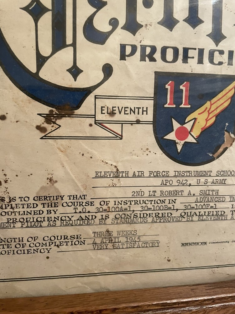 WWII 1945 11th Air Force Pilot Proficiency Certificate Instrument Course Named