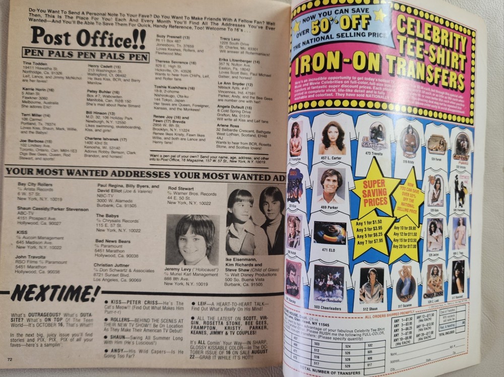 16 Magazine September 1978 ACE, MANILOW, ROLLERS, BEE GEES, KISS, CASSIDY