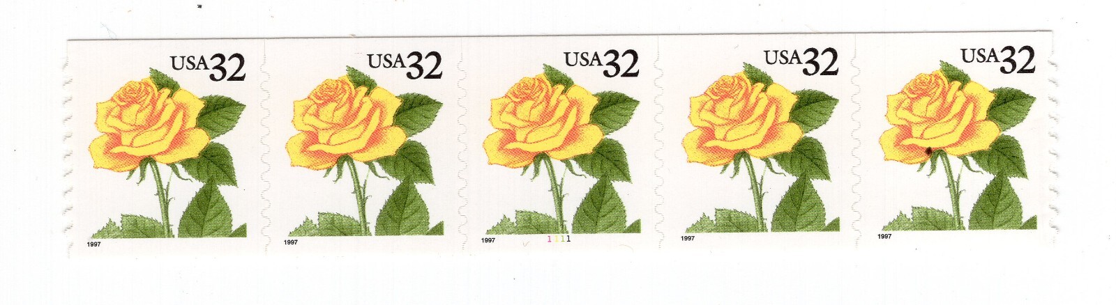 1997 32 cent Yellow Rose number coil Strip of 5, #1111, Scott #3054, NH