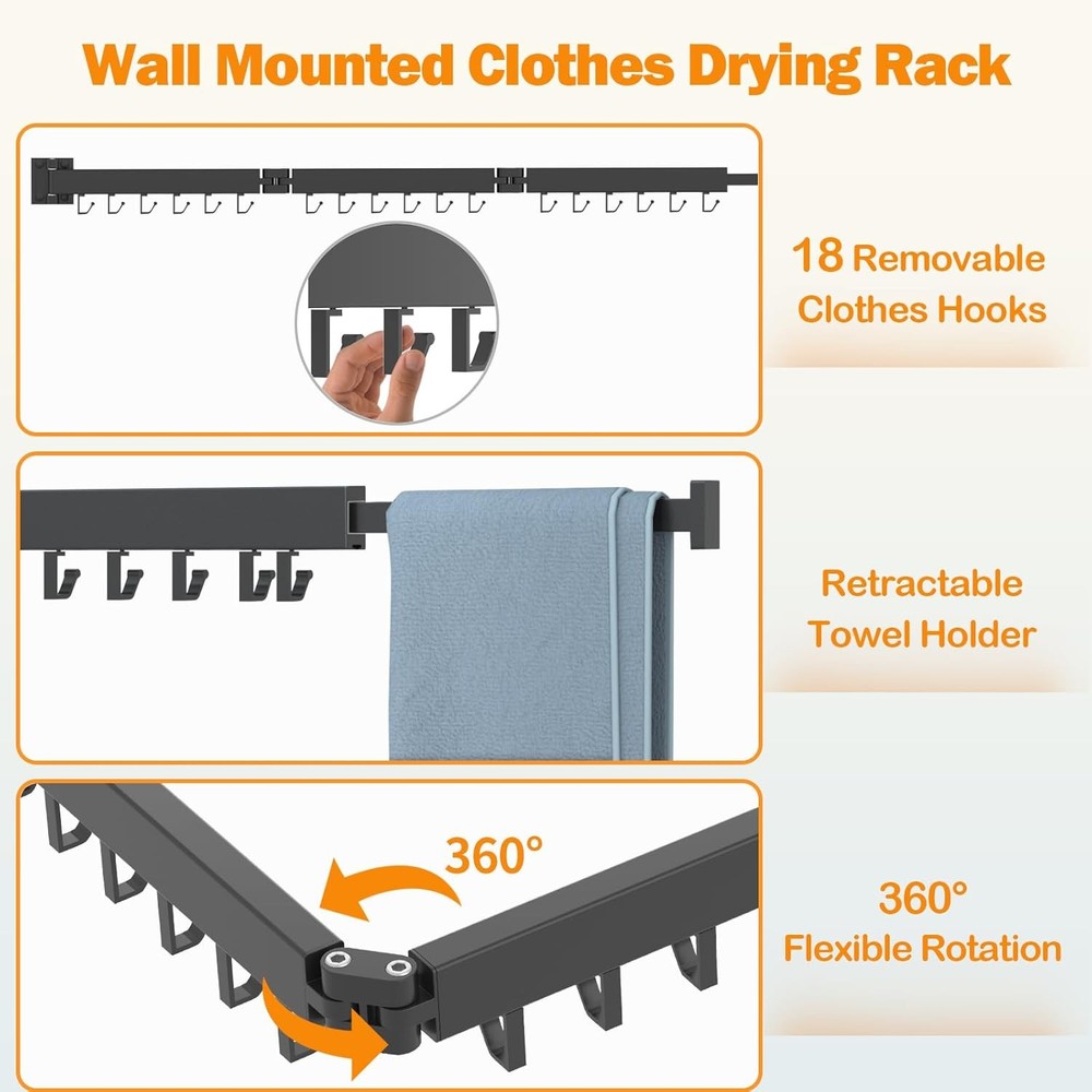 Foldable Clothes Drying Rack, 2 Fold Laundry Drying Rack Wall Mount, [No Drillin