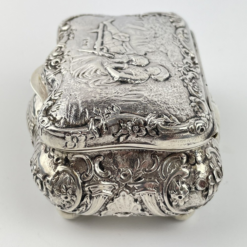 Antique Solid Silver Repousse Type Embossed Scene Trinket Box William Hutton 9cm