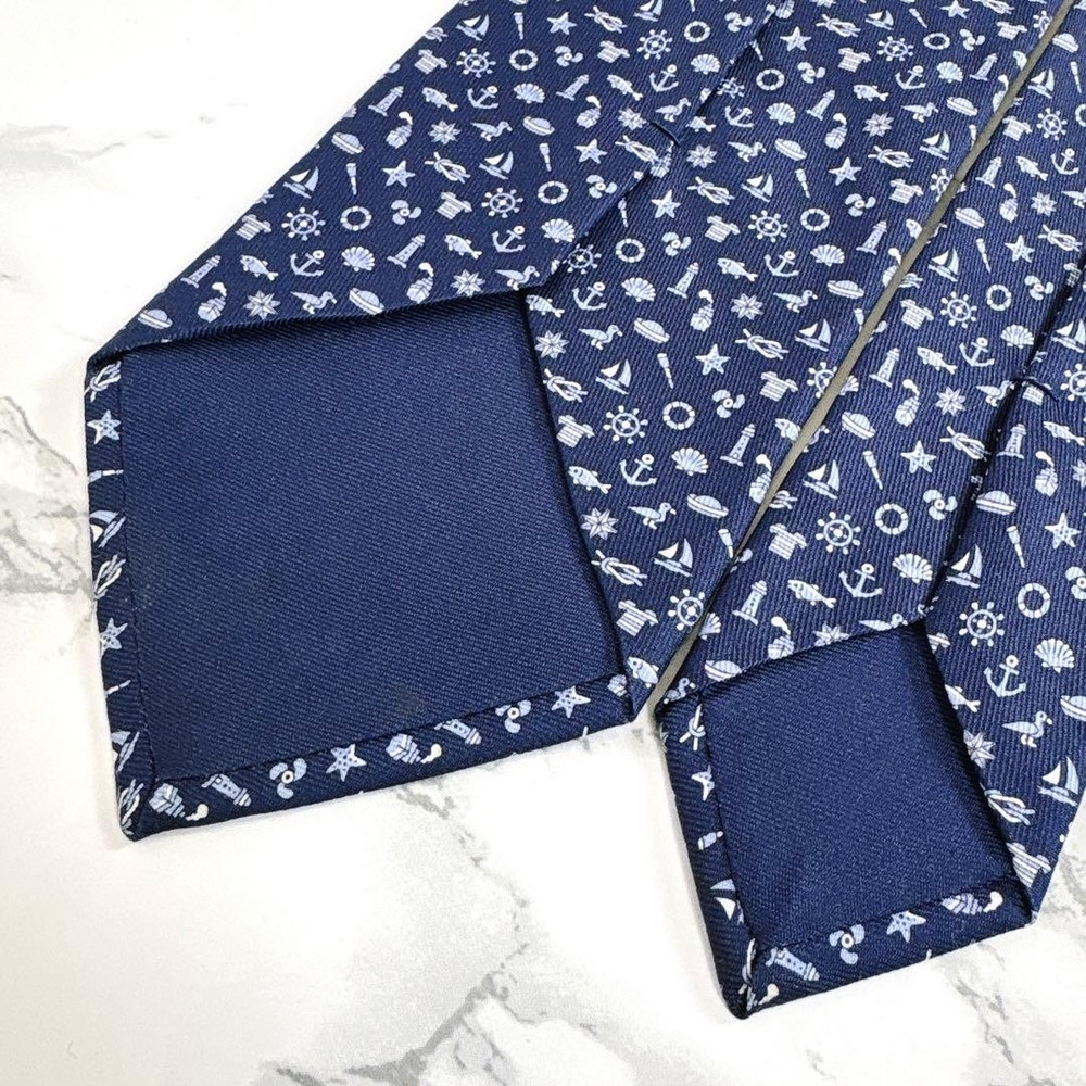 HERMES Tie Full Marine Monogram Pattern Navy Blue