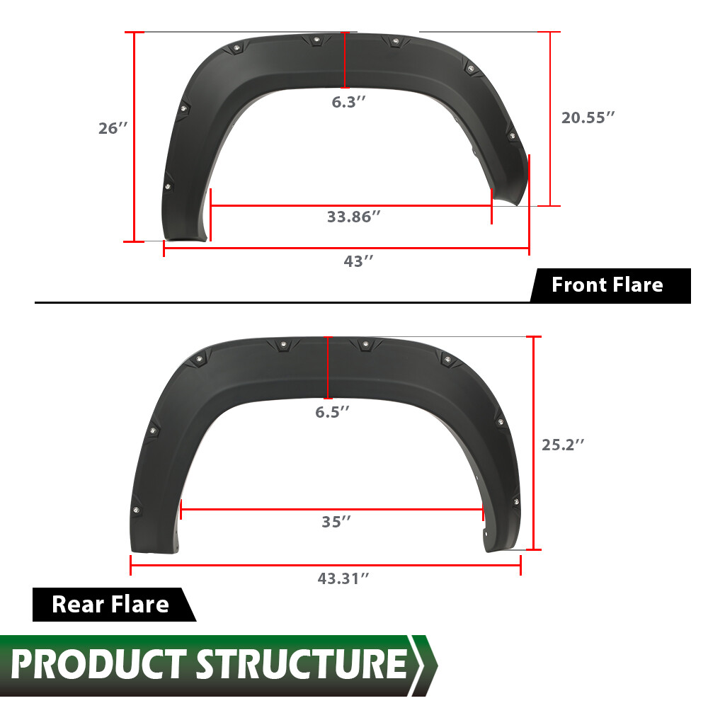 4pcs Fit For 16-22 Toyota Tacoma Pocket Rivet Style Fender Flares Smooth Black