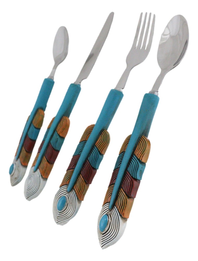Southwest Chic Indian Turquoise Feather Flatware 4 Spoon Teaspoon Fork Knife Set