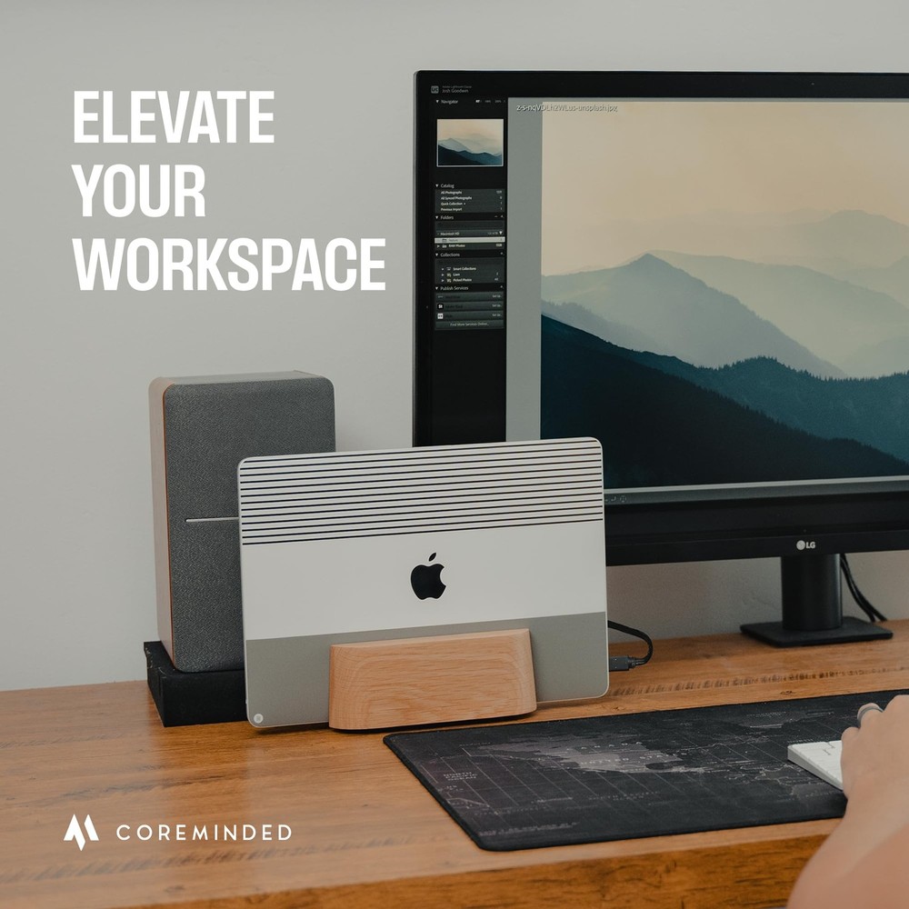 COREMINDED Adjustable Vertical Laptop Stand for Desk, Single, Solid Walnut