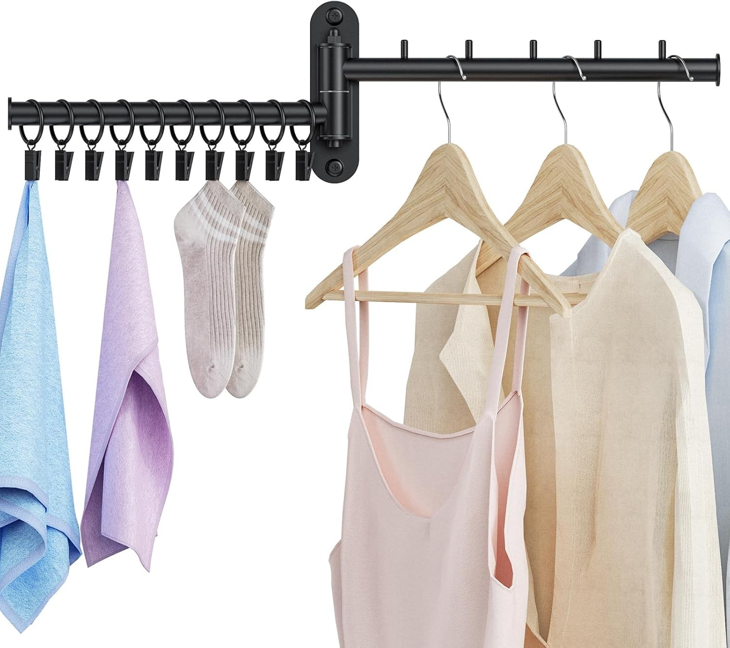 Wall Mounted Drying Rack, 2-Tier Laundry Drying Rack with Swing Arm, Space-Savin