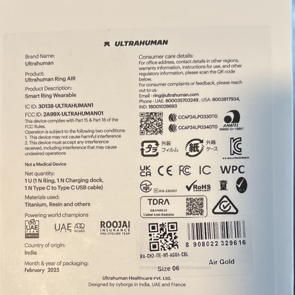 ULTRAHUMAN Activity Tracker Ring for Finger Air Gold SIZE 6