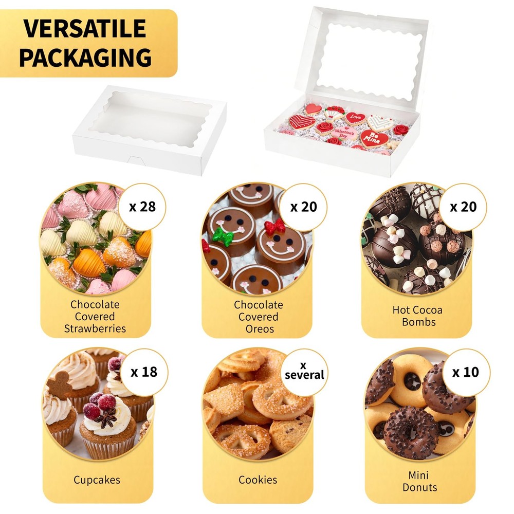 20 Pack Cookie Boxes, 14x10x2.5 Inch Large Bakery Boxes with Window, Auto-Pop...