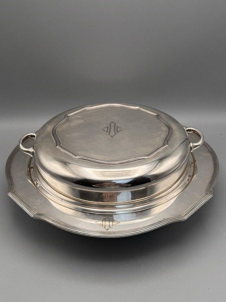 Silverplate Divided Lidded Server Monogrammed Deco Style 12.5”