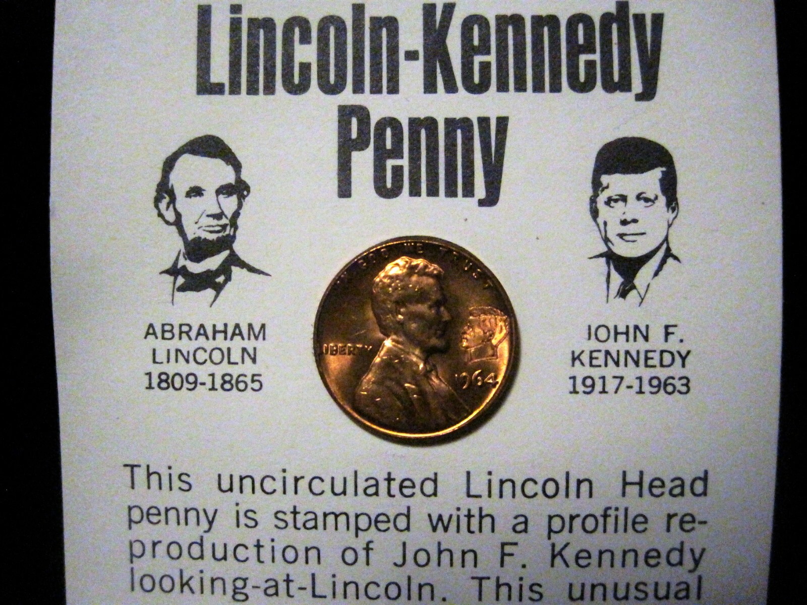 Red Unc 1964 Lincoln Kennedy Penny Astonishing Coincidences JFK Cent Card