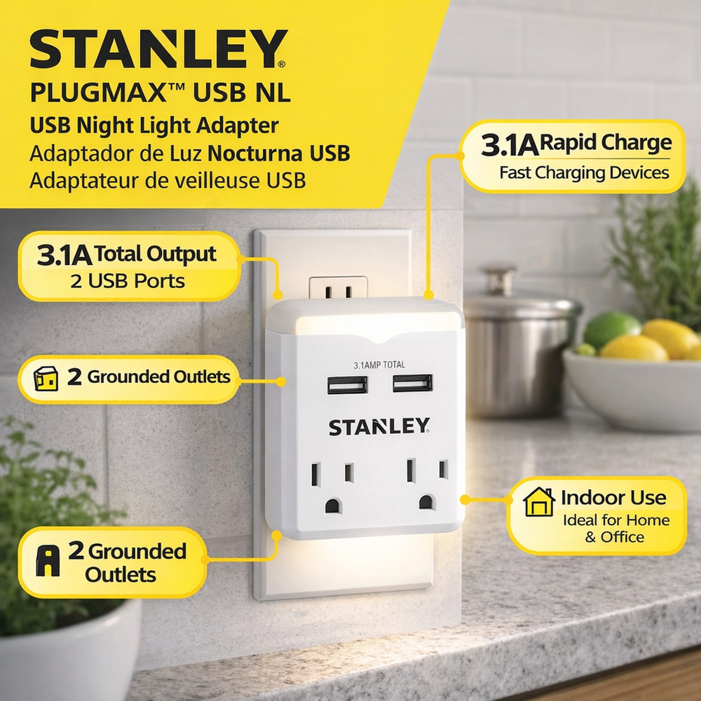 Stanley Plugmax USB Night Light Adapter 2 Outlet 2 USB 3.1A Rapid Charge