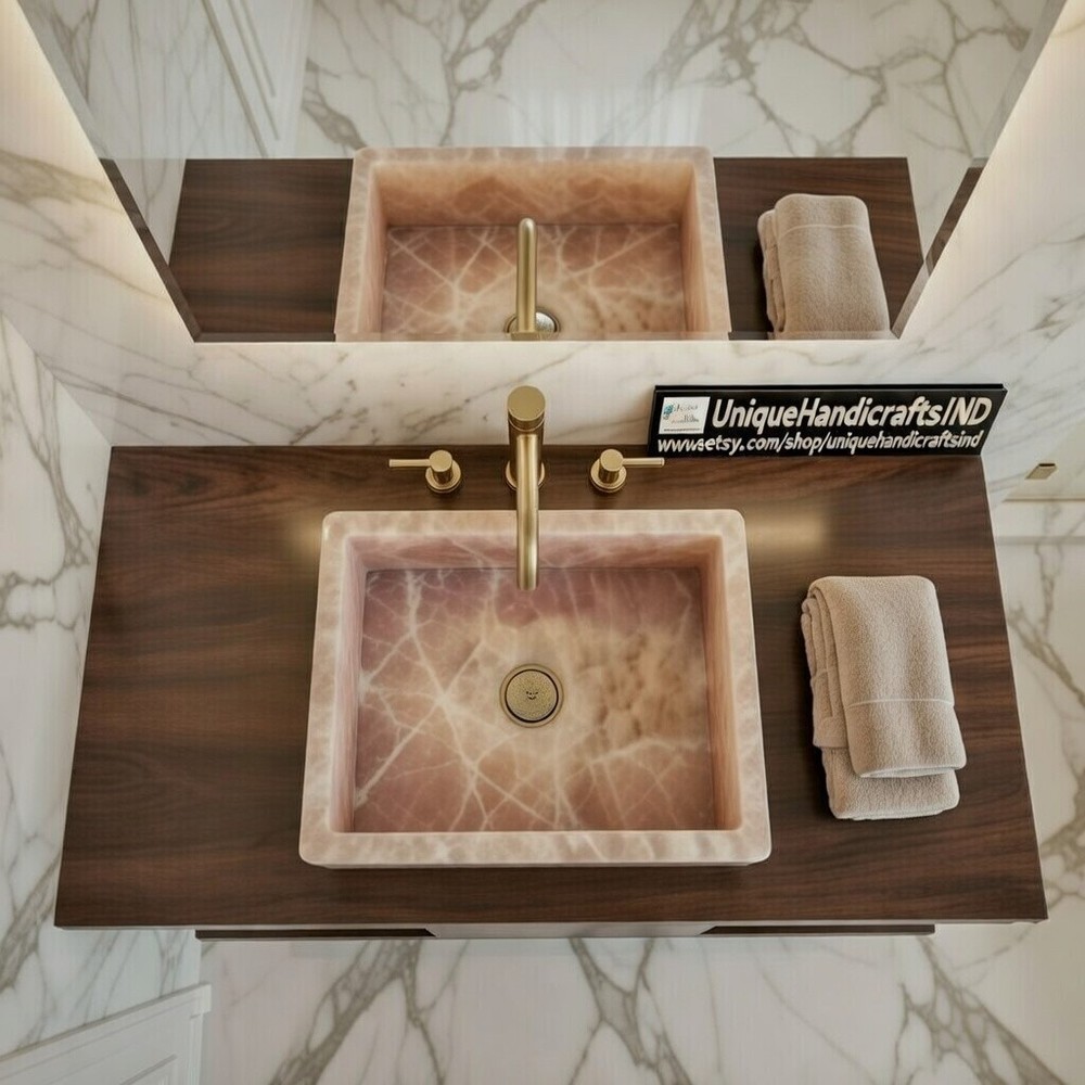 Luxury Rose Quartz Rectangular Stone Sink: Boho Spa Bathroom Vanity Basin