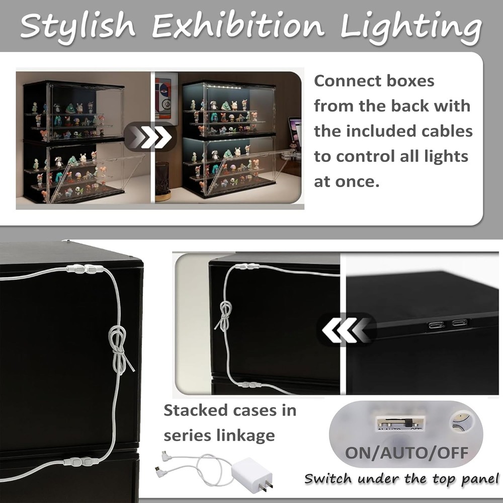 Clear Display Case for Collectibles, 3-Tier Stackable LED Figure Display Case...