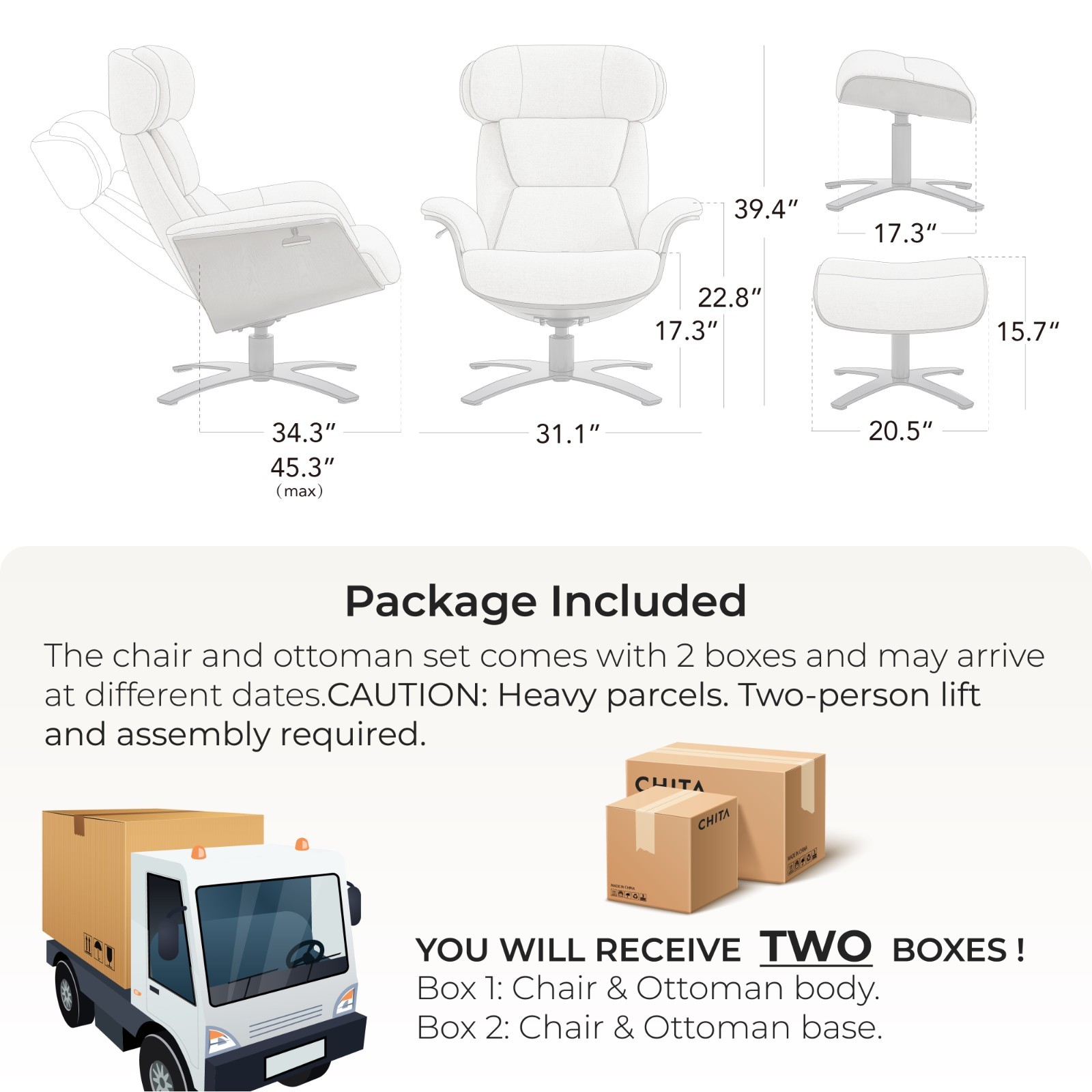 CHITA Genuine Leather Reclining SwivelChair with Adjustable Headrest and Ottoman