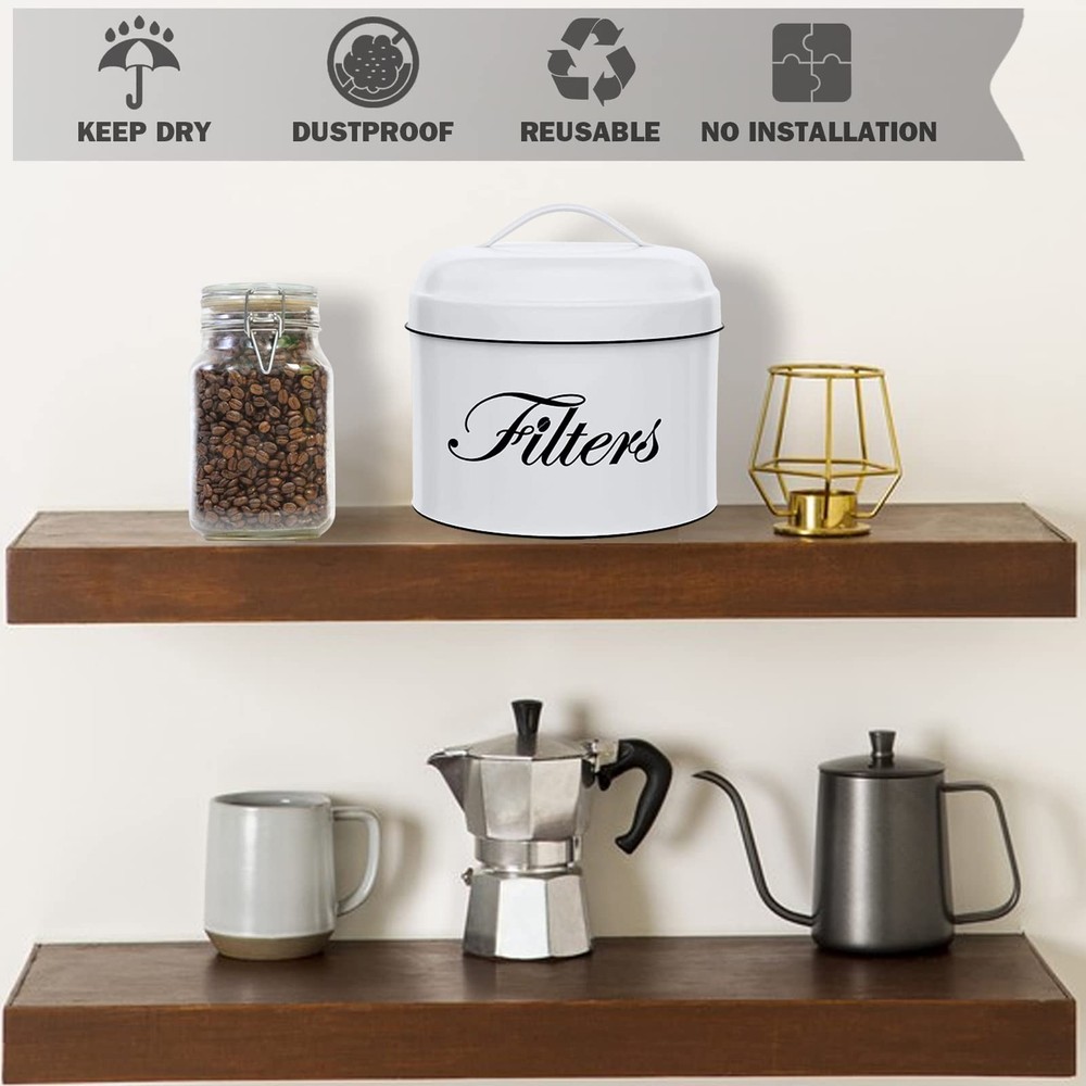 Coffee Filter Holder, White Basket Coffee Filter Storage with Lid, Round Coff...