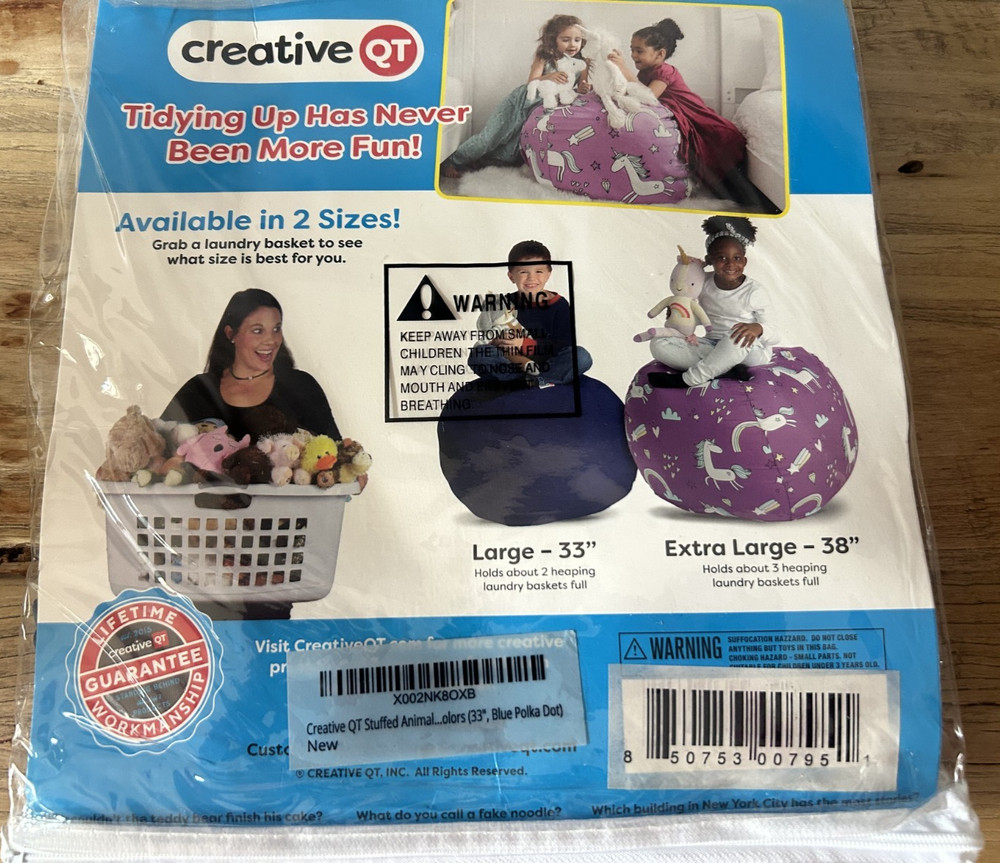 NIB Creative QT Stuff ’n Sit Large 33’’ Stuffable Storage BeanBag Blue Polka Dot