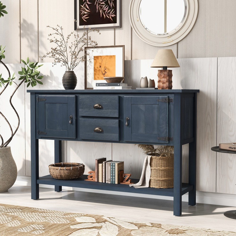 Solid Wood Sideboard Console Table w/ 2 Drawers, Cabinet, Navy Blue