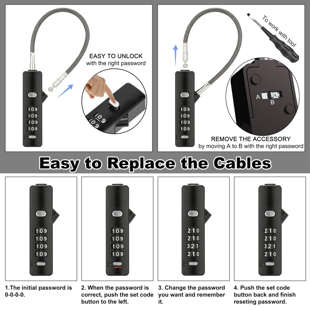 Combination Cable Lock with 3 Interchangeable Steel Braided Cables, Security ...